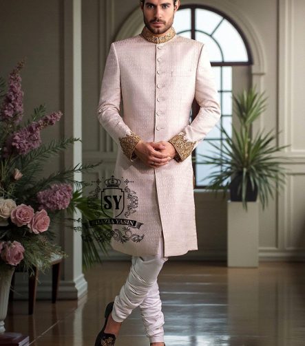 Self-embossed Sherwani With Hand-carved Embellishments in Antique Gold Buy in Los Angeles California USA
