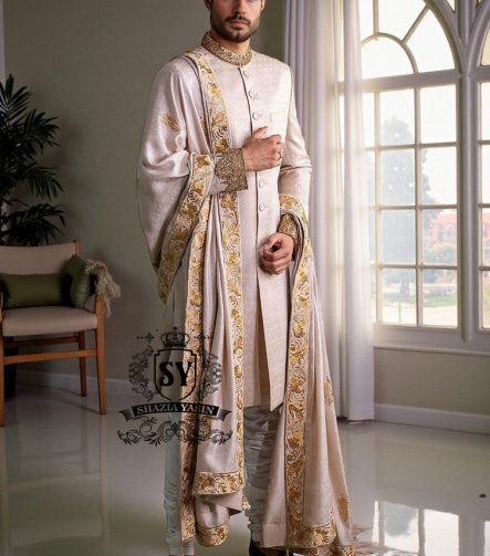 Self-embossed Sherwani With Hand-carved Embellishments in Antique Gold Buy in Los Angeles California USA