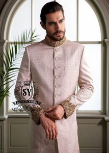 Self-embossed Sherwani With Hand-carved Embellishments in Antique Gold Buy in Los Angeles California USA