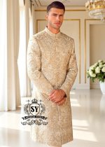 Indo Western Sherwani Suit for Wedding Michigan MI USA Buy Men's Sherwani in Fawn Raw Silk