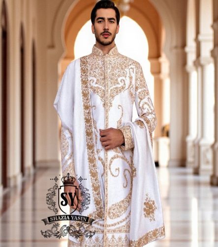 Personalized luxury Sherwani Newcastle London UK Pearl White Embellished Sherwani For Men's Wedding