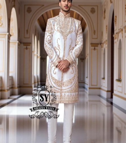 Personalized luxury Sherwani Newcastle London UK Pearl White Embellished Sherwani For Men's Wedding