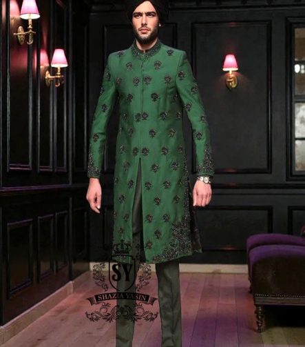 Trends for the groom - the groom Green Sherwani - men's Sherwani clothing - Dark Green Sherwani suits