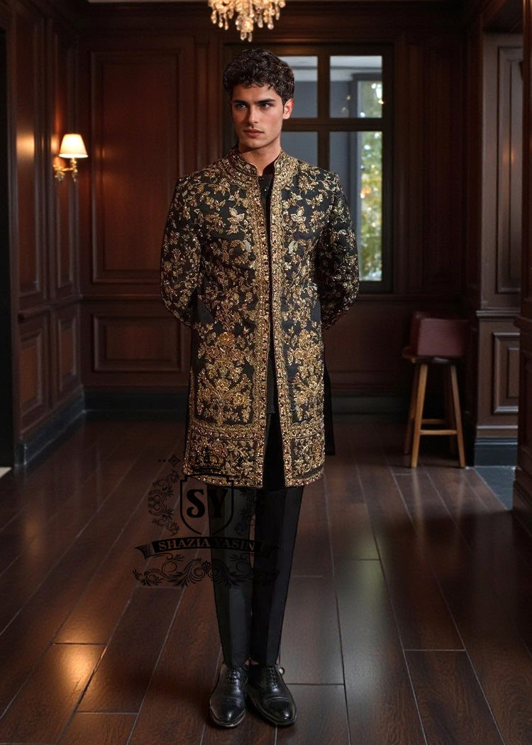 Sherwani193a The elegance of a Sherwani, the quintessential men's Sherwani suit, a piece of tailor-made class, a garment to wear like a second skin on special occasions, events, or your wedding day.