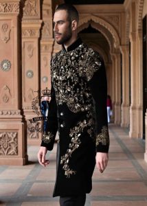 Elevate your style with this most luxurious velvet embellished men's sherwani. This High-end fashion sherwani is sure to make you stand out from the crowd.