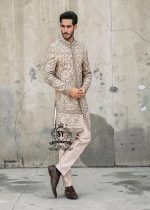 This Sherwani dress will charm everyone with its elegance and exquisiteness. The Blanched Almond color adds a touch of brightness, and beautiful jeweled work border on the front and along the hem creates a feeling of luxury and sophistication.