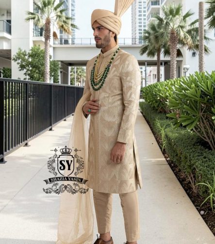 In the grandeur of royal legacy, this Taupe Gold sherwani stands as a tribute to timeless nobility. Handcrafted with intricate embroidery that echo strength and majesty, it glimmers with the delicate artistry of sequins, Swarovski crystals. A creation where tradition meets elegance - designed for the groom who carries the spirit of heritage with the poise of modern royalty.