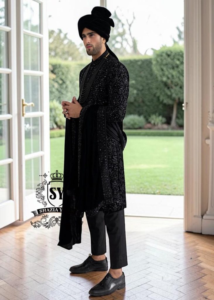The Full Hand-Embroidered Black Sherwani is a masterpiece of couture, created for the groom who wishes to embody elegance, power, and tradition. Hand embroidery adorns the sherwani in lavish detail, transforming it into a regal statement piece.