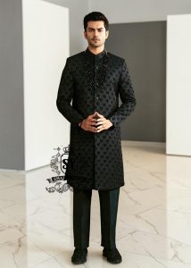 Black Embroidered Sherwani dignified and sophisticated design, this sherwani in deep black exudes power and elegance. Crafted from premium fabric, intricate embroidery that adds a touch of regal artistry without overpowering its sleek silhouette. The refined tailoring make it an ideal choice for grooms, formal receptions, and grand celebrations.