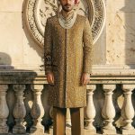 Latest Wedding Sherwani San Diego California USA Royal Golden Beige Premium Sherwani for Groom Pakistani