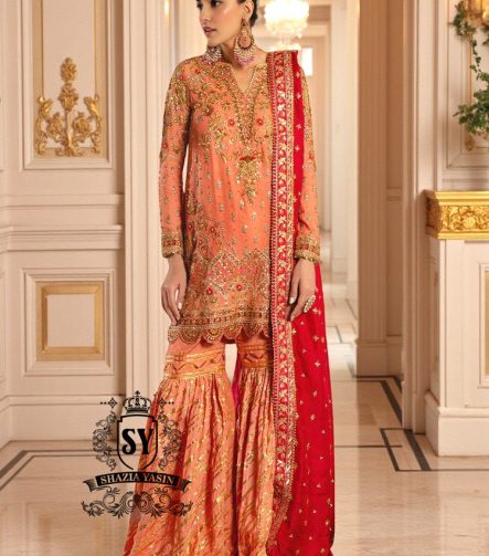 Light Strawberry Blonde Short Shirt with Gharara Latest Pakistani Wedding Dresses Coral Spring Florida USA Gharara Suits