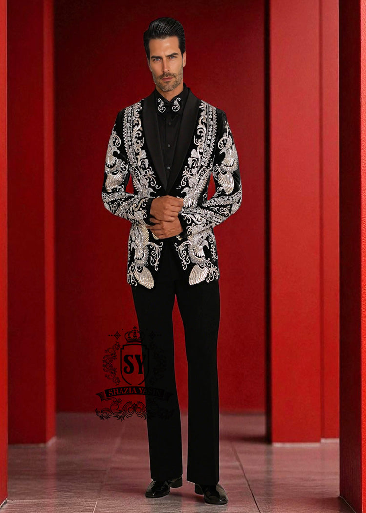 Tuxedo17a Men's Luxury Bespoke Embellished Black Tuxedo 3 Piece Suit Salisbury England UK Men high end tuxedo suits