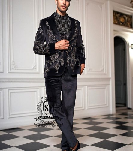 Men's Luxury Bespoke Embellished Black Velvet Tuxedo Weston Florida USA Floral Embroidered Single-Breasted Tuxedo