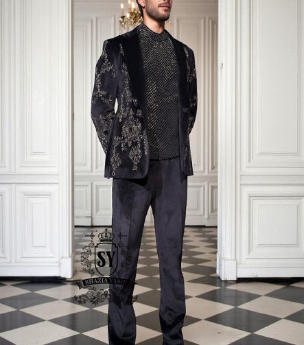 Buy Men's Luxury Bespoke Embellished Black Velvet Tuxedo Weston Florida USA Floral Embroidered Single-Breasted Tuxedo