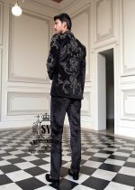 Men's Luxury Bespoke Embellished Black Velvet Tuxedo Weston Florida USA Floral Embroidered Single-Breasted Tuxedo exquisite gold zardozi handwork