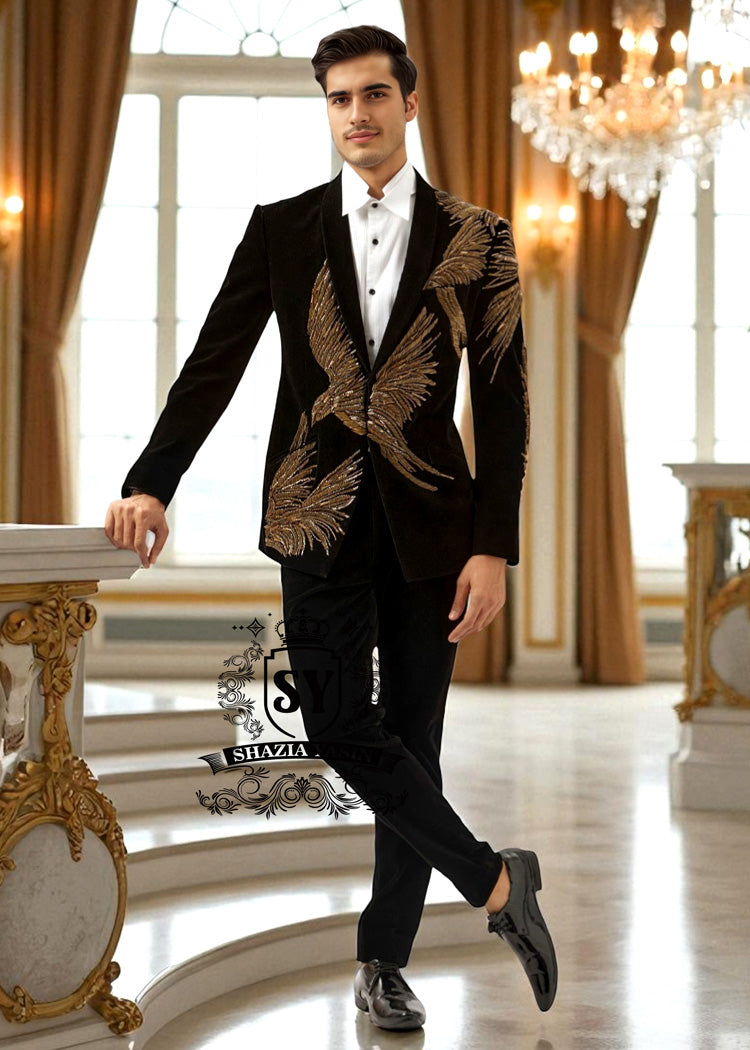 Tuxedo6a Lightfall Embroidered Tuxedo Colorado Springs Colorado USA Buy Black Velvet Gold Metallic Hand
Embellished Tuxedo