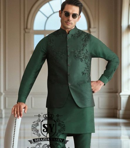 Heavy Embroidered Waistcoat Portsmouth Virginia USA Men's Emerald Green Waistcoats for Mehndi or Dholki