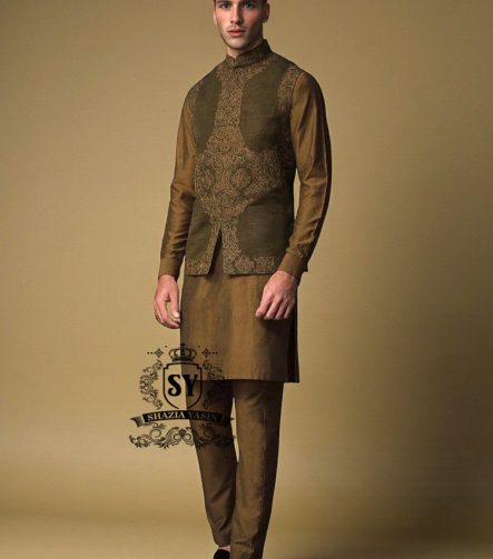 Olive Drab Raw Silk Embroidered Waistcoat Buckinghamshire London UK Luxurious Embroidered Waistcoat