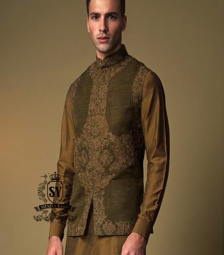 Olive Drab Raw Silk Embroidered Waistcoat Buckinghamshire London UK Luxurious Embroidered Waistcoat