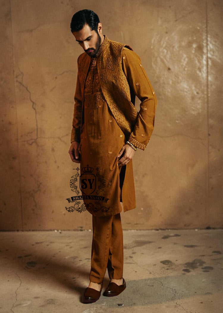 Waistcoat123A The pure elegance embodied in a Embellished waistcoat—a embroidered kurta pajama suit tailored for the groom basking in the spotlight.
