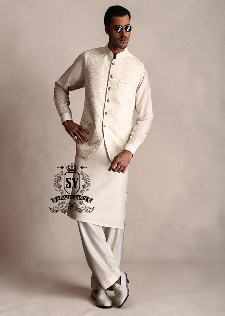 Waistcoat128A Elevate your look with this dazzling Off-White men's waistcoat. The Off-White self-embroidery adds a touch of luxury and sophistication. Perfect for any occasion, from Nikah to formal events and weddings, this waistcoat is sure to turn heads.