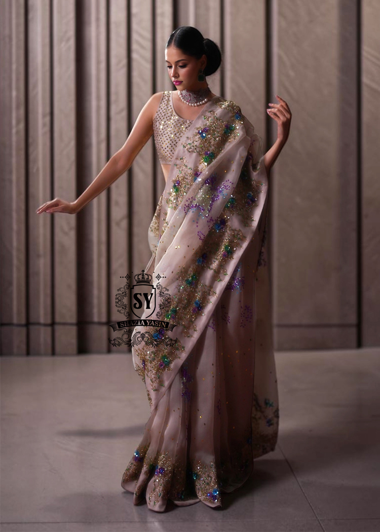 Modern Silhouette Organza Saree Blouse In Dawn Pink Wichita Kansas Bridal Saree Delicate Embellished, sparkling sequins, and a dreamy Saree silhouette make this dress a true showstopper for brides who love timeless beauty.