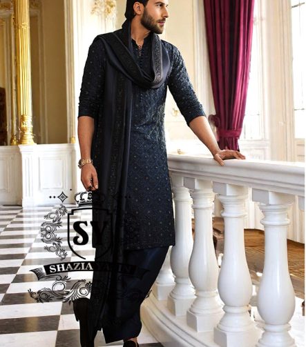 Deep Navy Mens Kurta Shalwar Brampton, Ontario, Canada Embroidered Kurta Shalwar for Mehndi