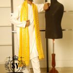 Off white Mehndi Event Kurta Pajama with Yellow Embroidered Shawl