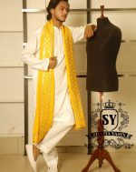 Off white Mehndi Event Kurta Pajama with Yellow Embroidered Shawl - Image 5