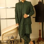 Poly Green waistcoat with kurta pajama suit latest collection for wedding and occasion