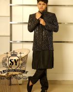 Best-seller black Mirror work embroidered Prince Coat is once again available for Wedding and Occasion in our Showroom