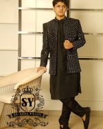 Best-seller black Mirror work embroidered Prince Coat is once again available for Wedding and Occasion in our Showroom - Image 2
