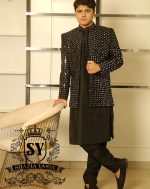 Best-seller black Mirror work embroidered Prince Coat is once again available for Wedding and Occasion in our Showroom - Image 3