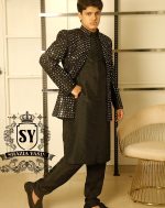Best-seller black Mirror work embroidered Prince Coat is once again available for Wedding and Occasion in our Showroom - Image 5