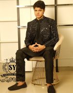 Best-seller black Mirror work embroidered Prince Coat is once again available for Wedding and Occasion in our Showroom - Image 6