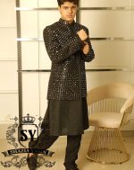 Best-seller black Mirror work embroidered Prince Coat is once again available for Wedding and Occasion in our Showroom - Image 7
