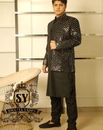 Best-seller black Mirror work embroidered Prince Coat is once again available for Wedding and Occasion in our Showroom - Image 8