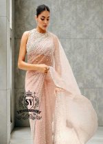 Buy Blush Net Crystalline Embellished Saree With Blouse Online Cocktail Sarees UK, USA, Canada, Australia