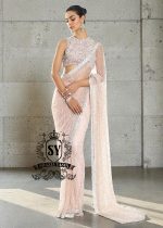 Buy Blush Net Crystalline Embellished Saree With Blouse Online Cocktail Sarees UK, USA, Canada, Australia