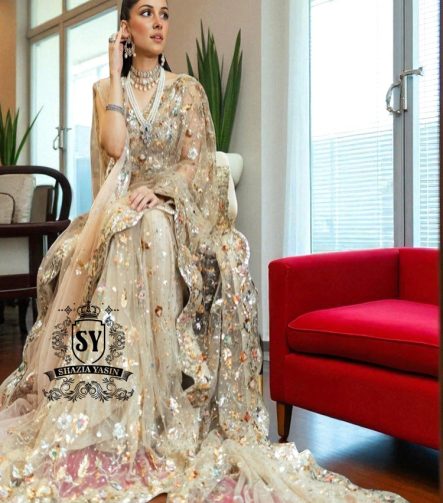 Latest Pakistani Champagne Saree Wedding Dress Online, Saree Designs, Designer Sarees, Saree Collection, buy saree in Pakistan