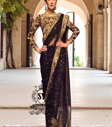New Pakistani Saree Designer Saree Rockville Maryland USA Black Heavy Embellished Sarees in Chiffon